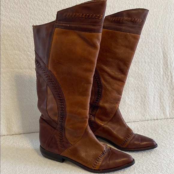 Palomino Shoes - Palomino Vintage Style Brown Leather Knee-High Boots Two Tone Boho Southwestern